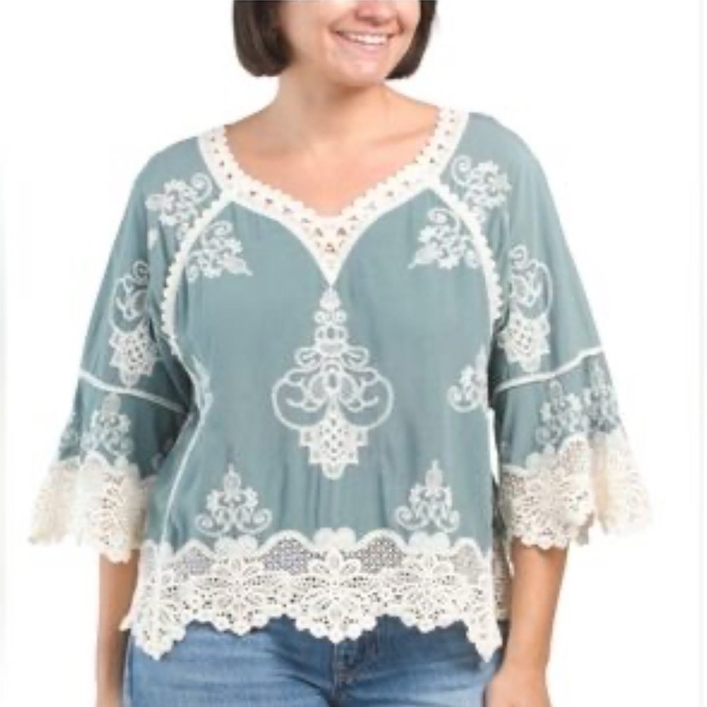 Democracy Teal and Off White Lace Boho Blouse size M